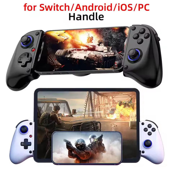 Wireless phone Bluetooth game controller with dual handles and phone mount, black and white