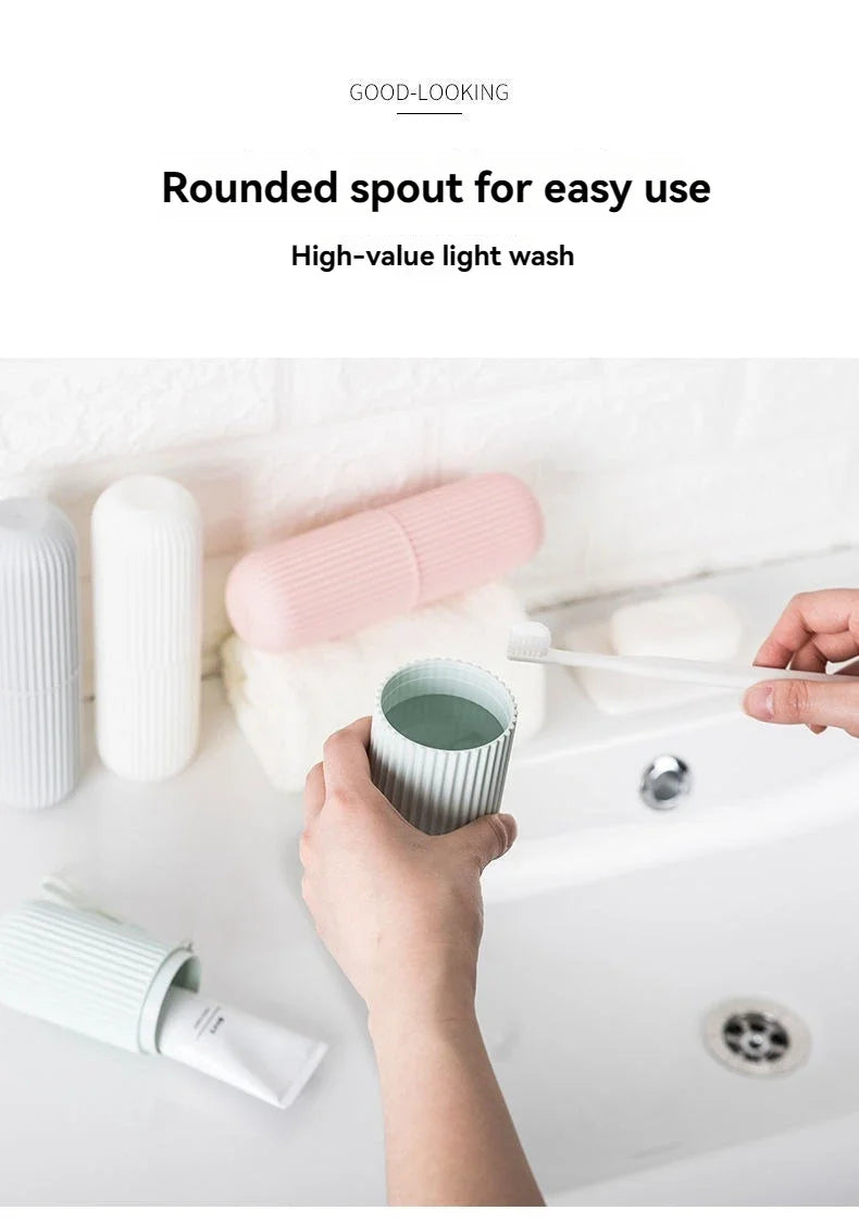 Ribbed toothbrush holder case with small cup for water, pink and white