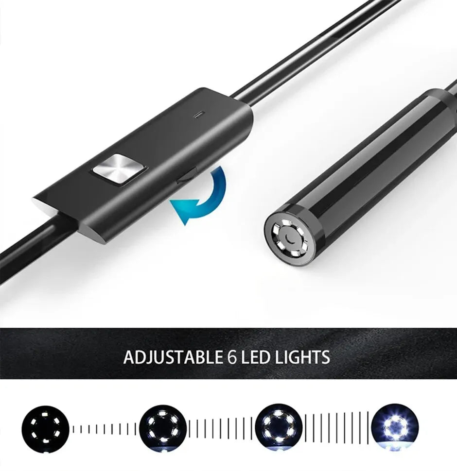 Adjustable endoscope camera connector with 6 LED light circles on black cable