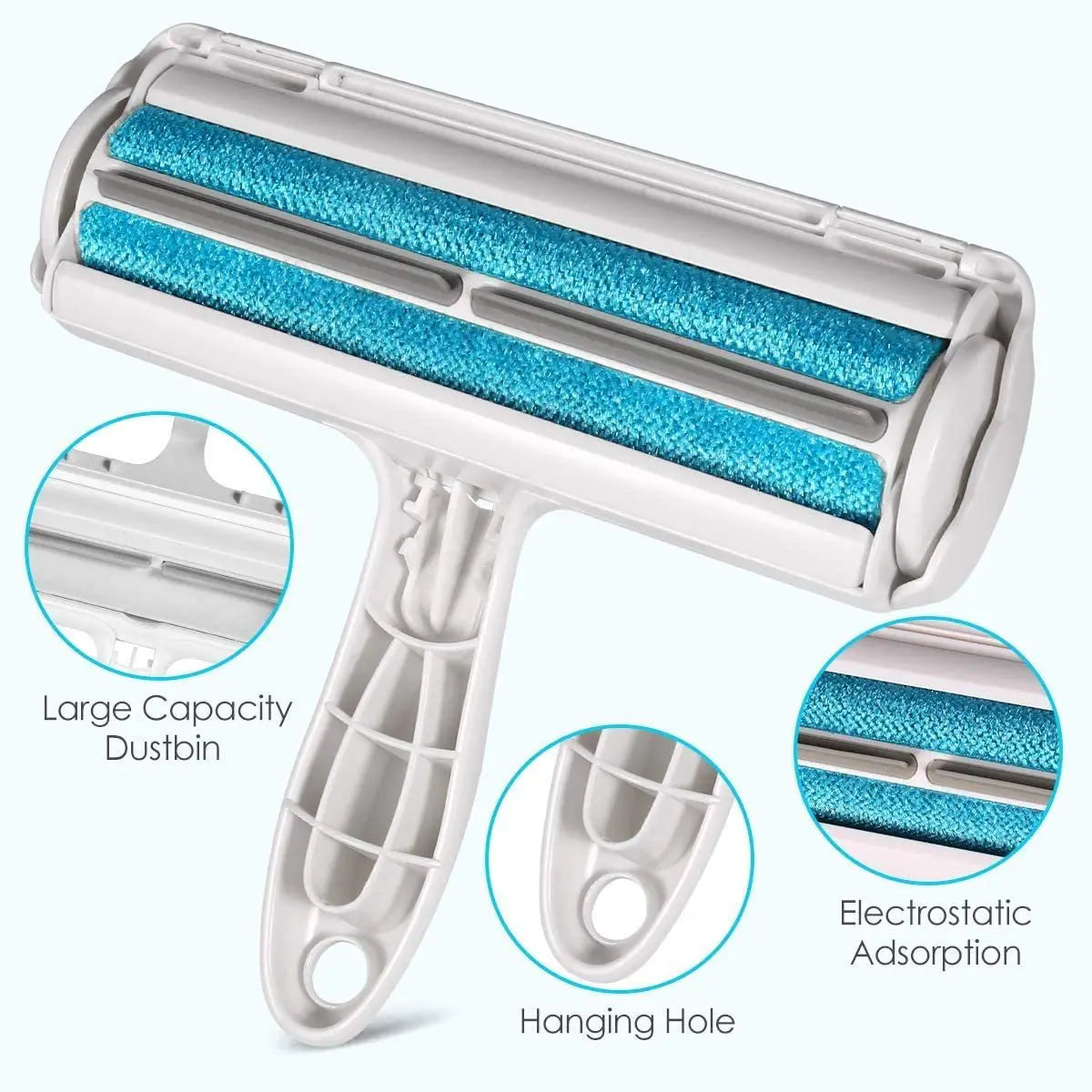 White pet hair remover roller with blue bristle drum and open housing, close-up.