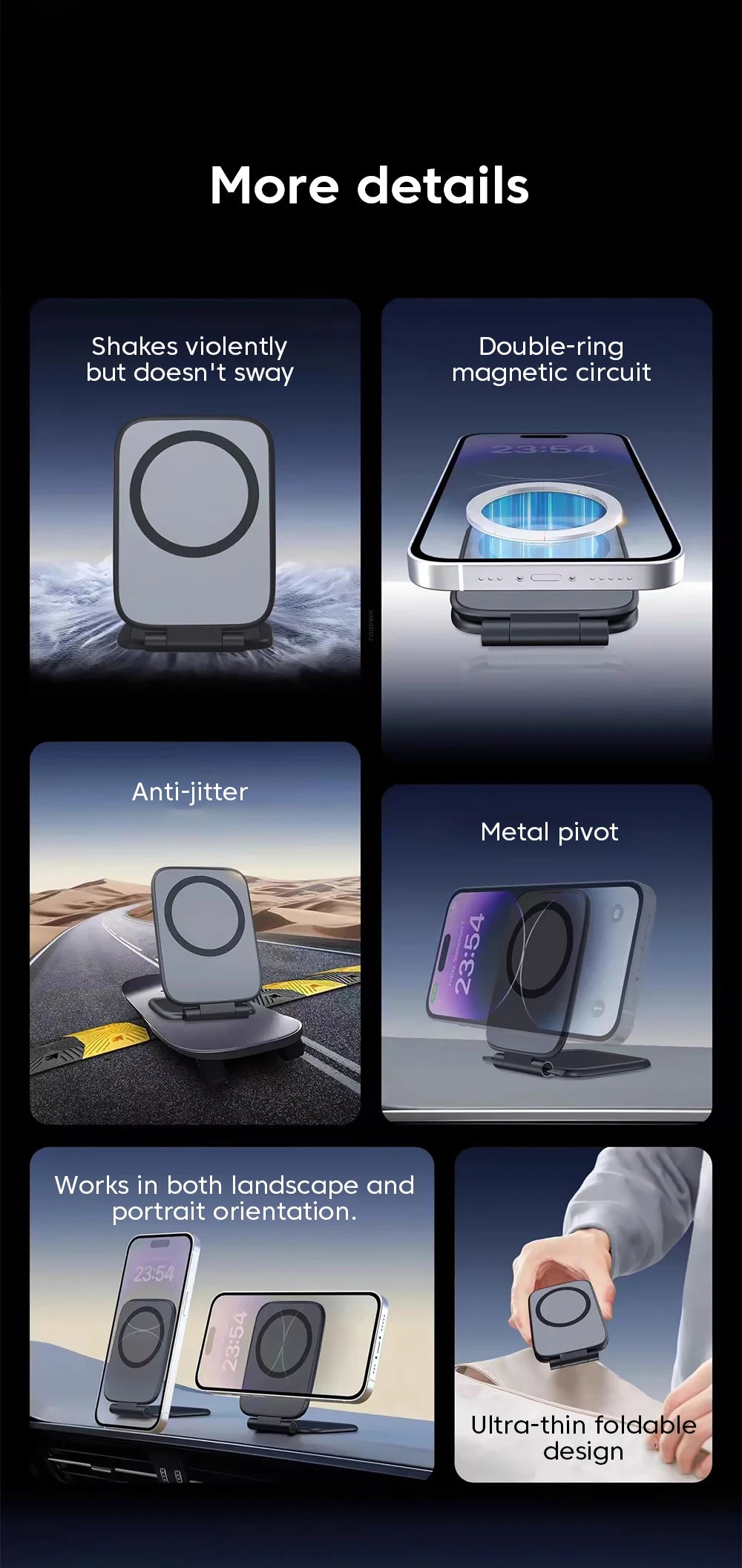 Black magnetic phone holder details panel: anti-jitter and metal pivot shown