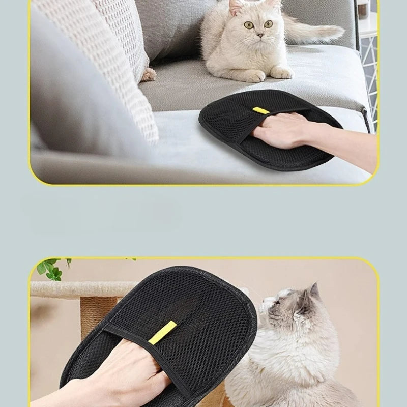 Black pet hair remover glove on couch beside a sitting cat