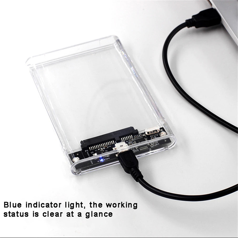 2.5-inch HDD enclosure with transparent shell and USB cable connected, blue status light