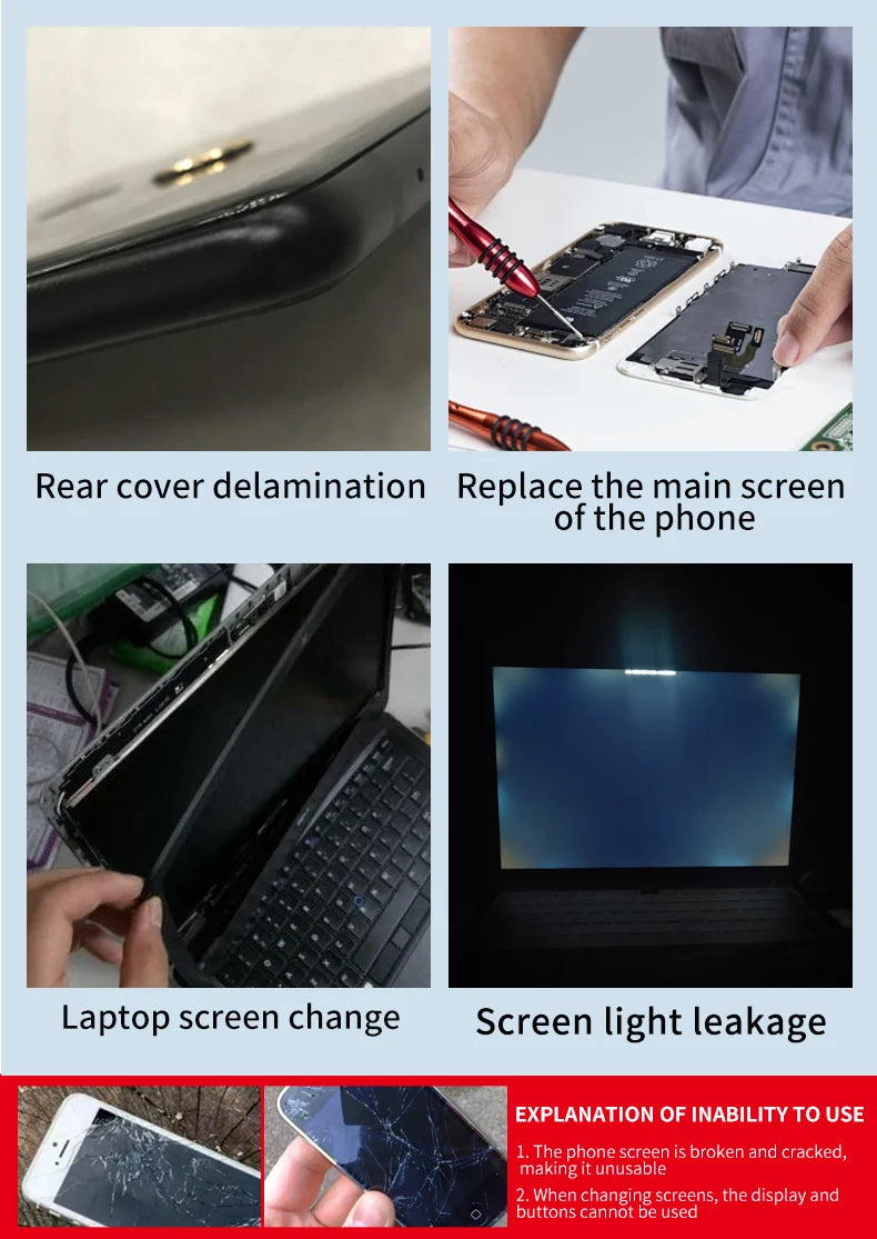 Phone screen repair adhesive used for rear cover delamination and screen fixes