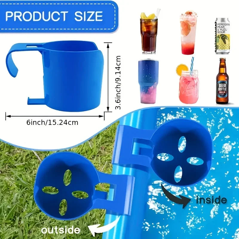 Blue poolside cup holder set size view with handle and three bottle slots
