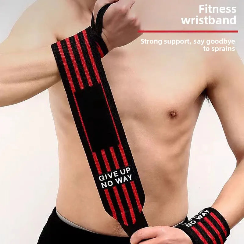Wrist support brace straps, black knit with red stripes, worn on forearm