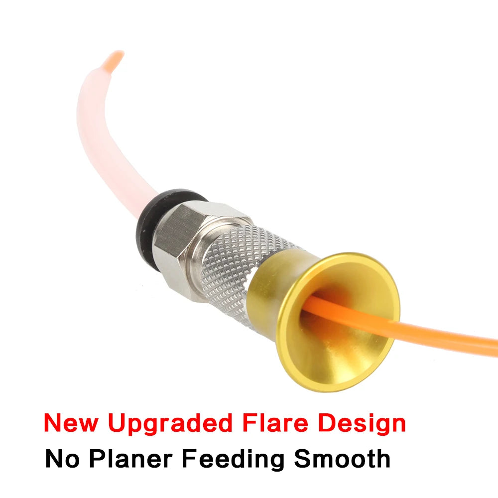 Pneumatic connector with flare opening and inserted tube end for filament feeding