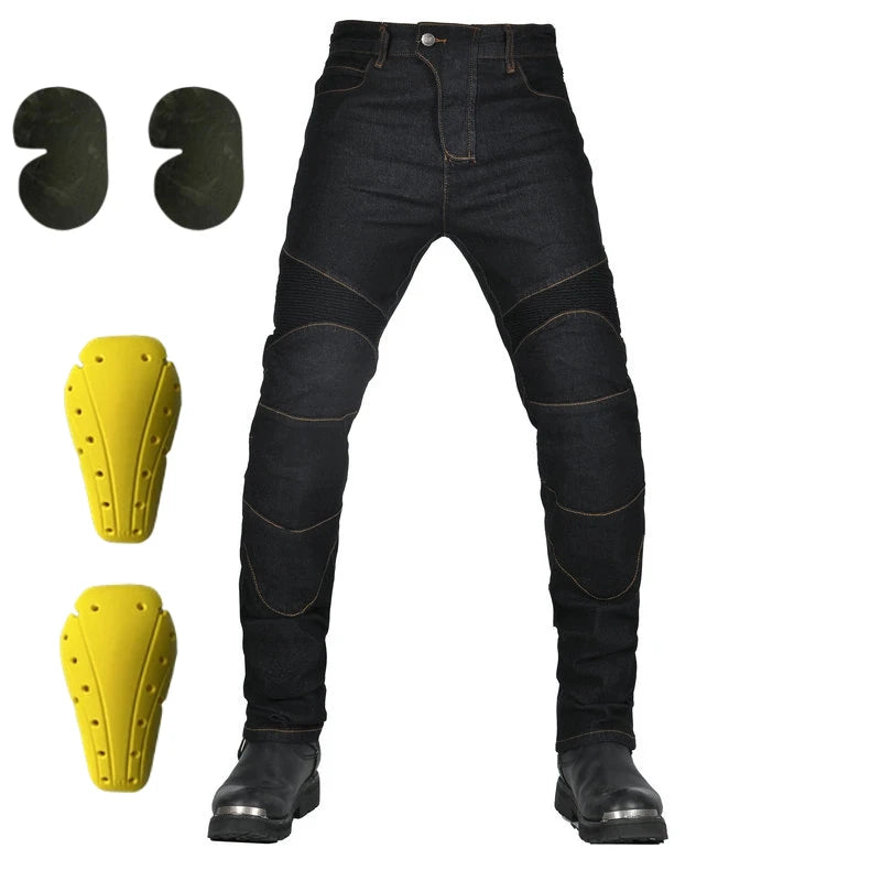 Black motorcycle riding jeans with padded knee and thigh armor panels, zip fly