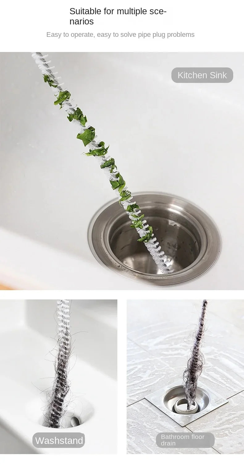 Flexible spiral drain cleaning brush removing green debris from metal sink strainer