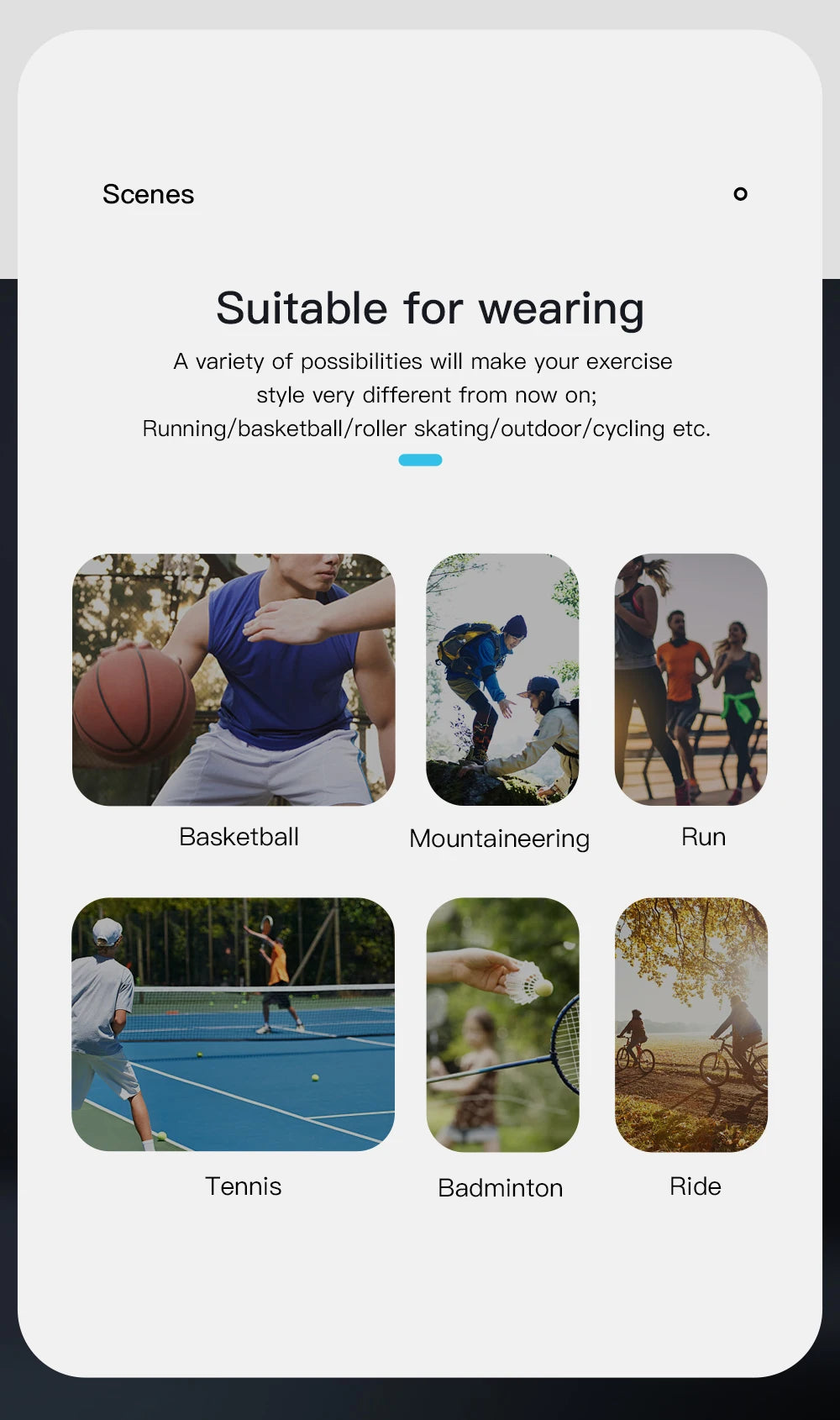Knee pad wearing scenes with sports icons for basketball, running, tennis, badminton