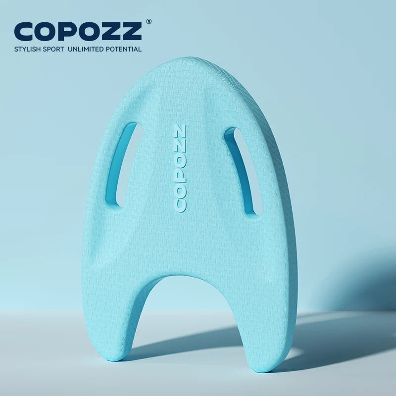 Turquoise EVA swimming floating board with central logo and side hand grips