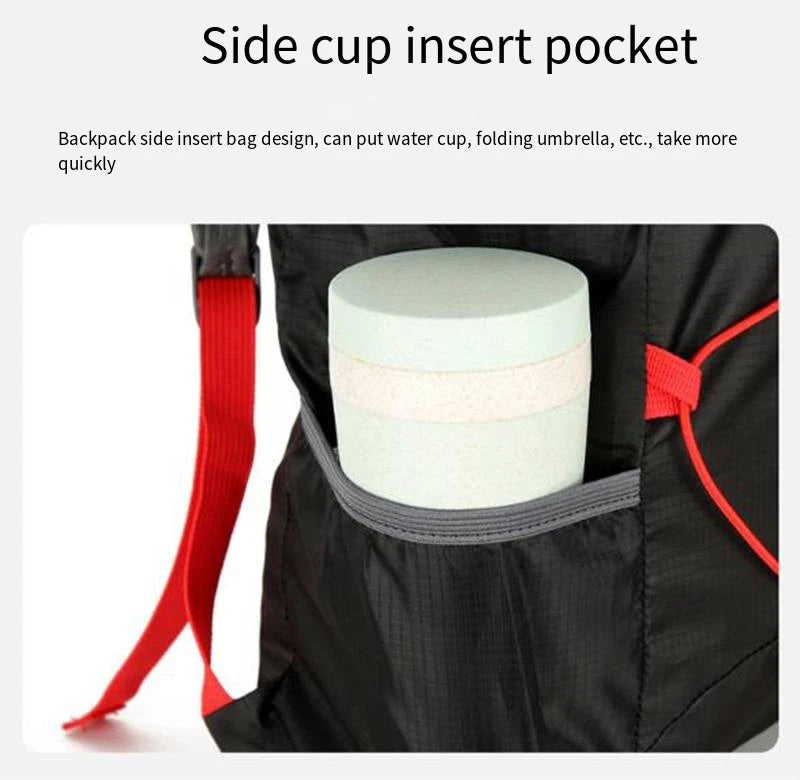 Folding backpack side cup insert pocket with secure elastic strap opening