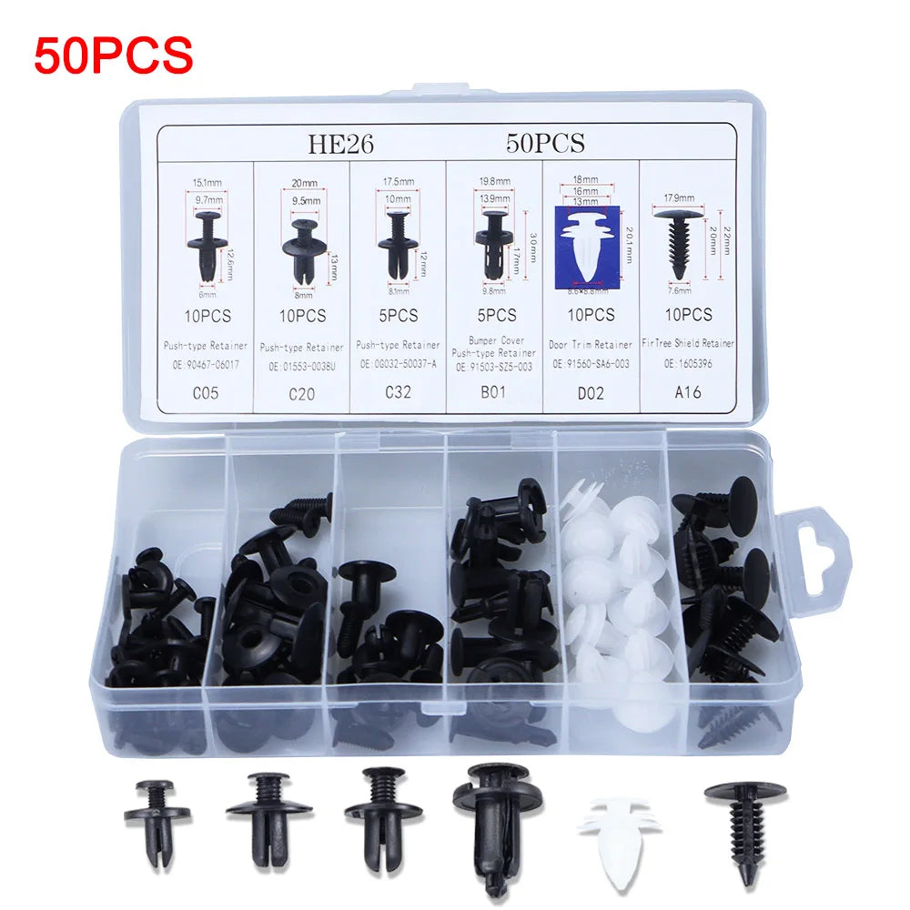 Auto push retainer clip kit in clear organizer, 50PCS mixed black and white clips