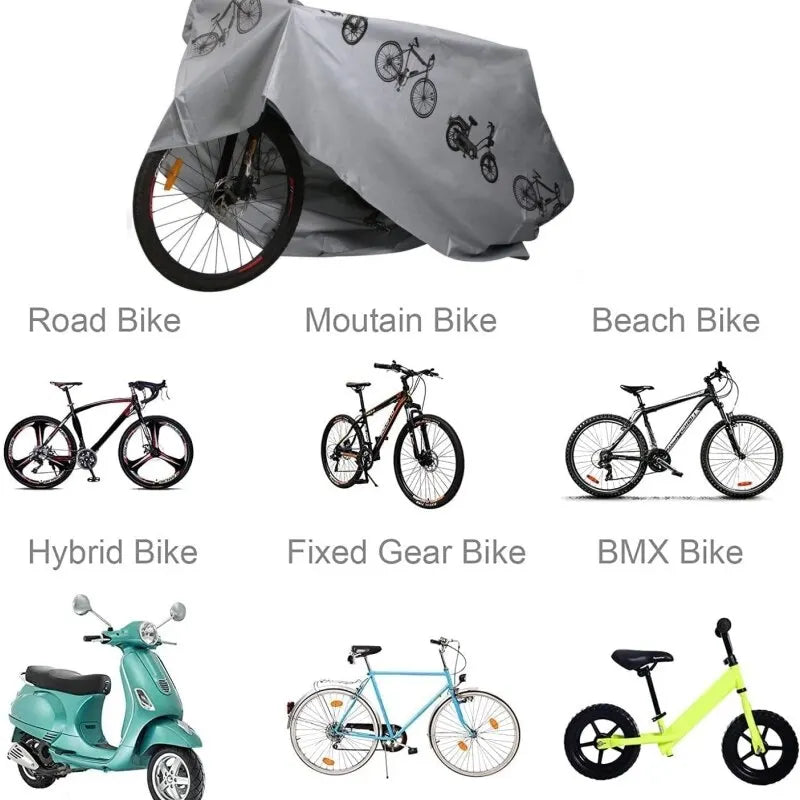 Grey bike cover with printed bicycle pattern, shown as road and mountain fit
