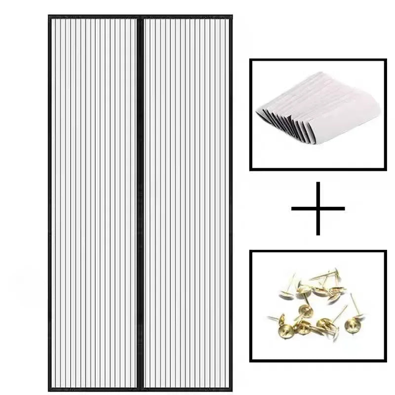 Black double-panel magnetic mesh door curtain with included mesh sheets and nails