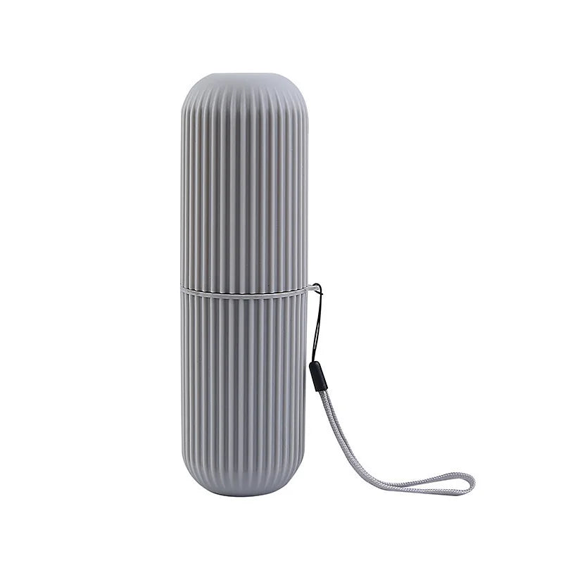 Travel toothbrush holder case, ribbed grey cylinder with wrist strap