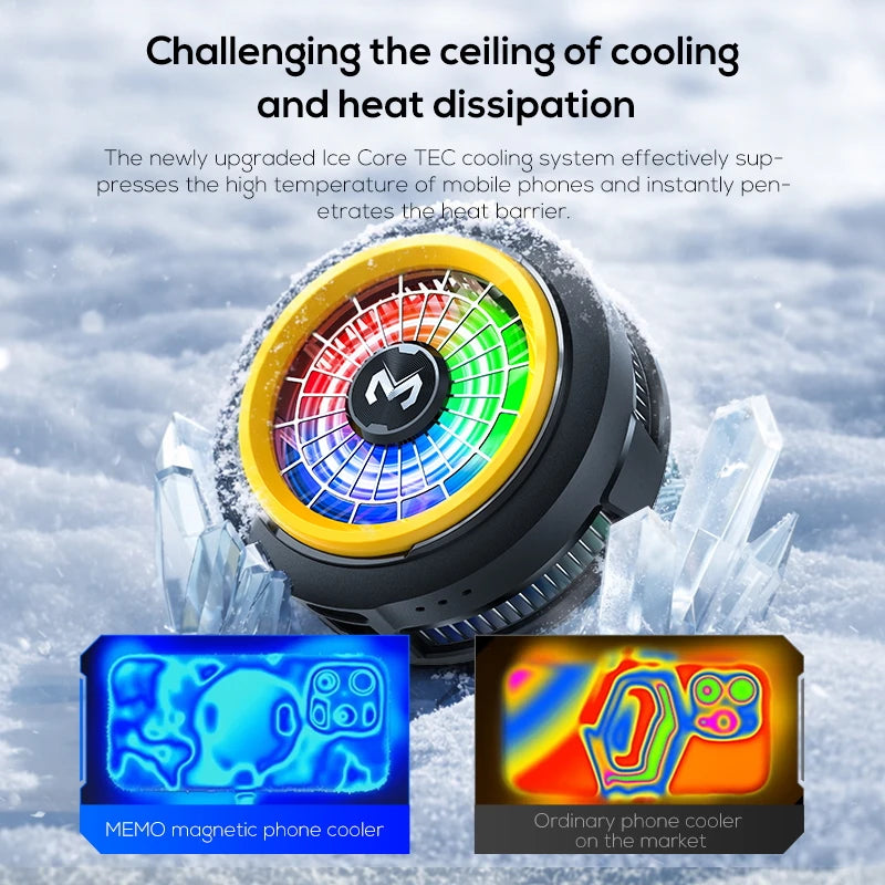 Black phone cooler with glowing multicolor fan ring and clip-on mount