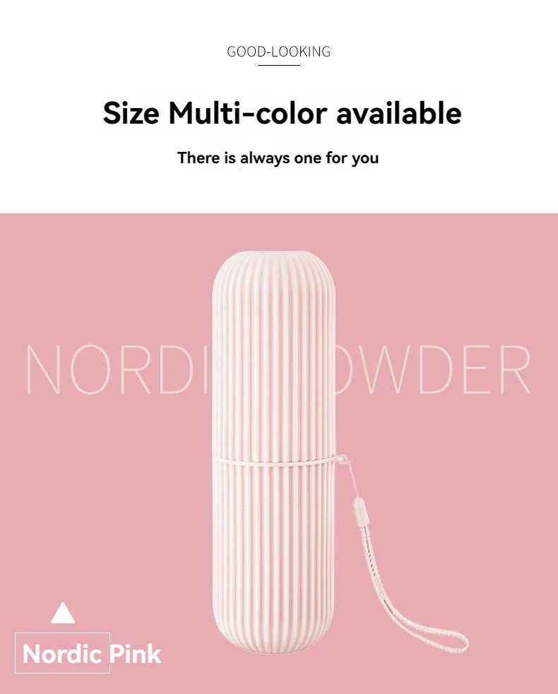Pink ribbed toothbrush holder case with wrist strap, rounded shape