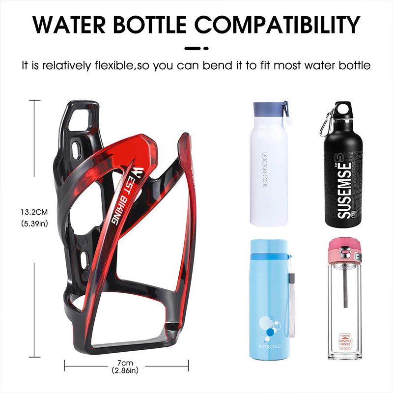Red and black bicycle water bottle cage bracket with flexible fit opening