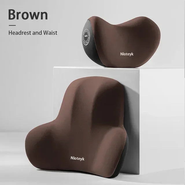 Memory foam headrest and waist support set, brown contoured pillows for back comfort