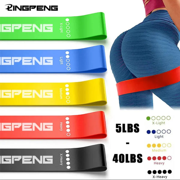Set of 5 resistance loop bands in green, blue, yellow, red, and black