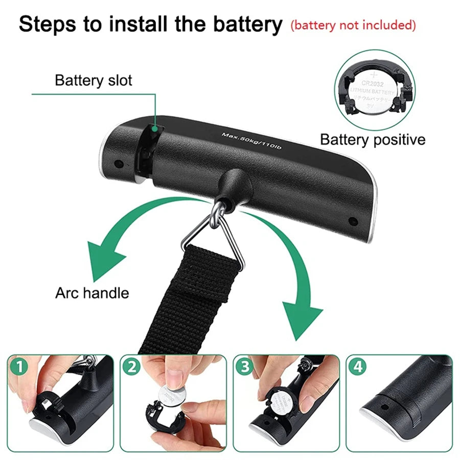 Arc-handle luggage scale with strap and battery slot installation diagram
