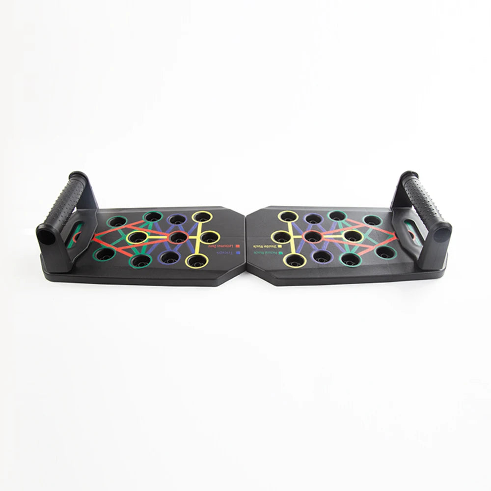 Foldable push-up board with colored guide lines and foam grip handles at ends