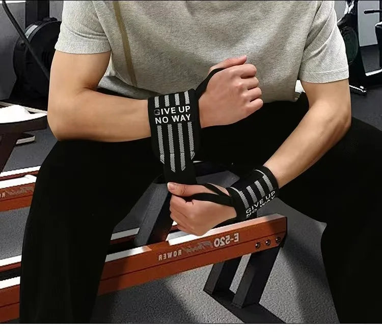 Wrist support brace wraps 2-pack, black with bold "GIVE UP NO WAY" wrist strap.