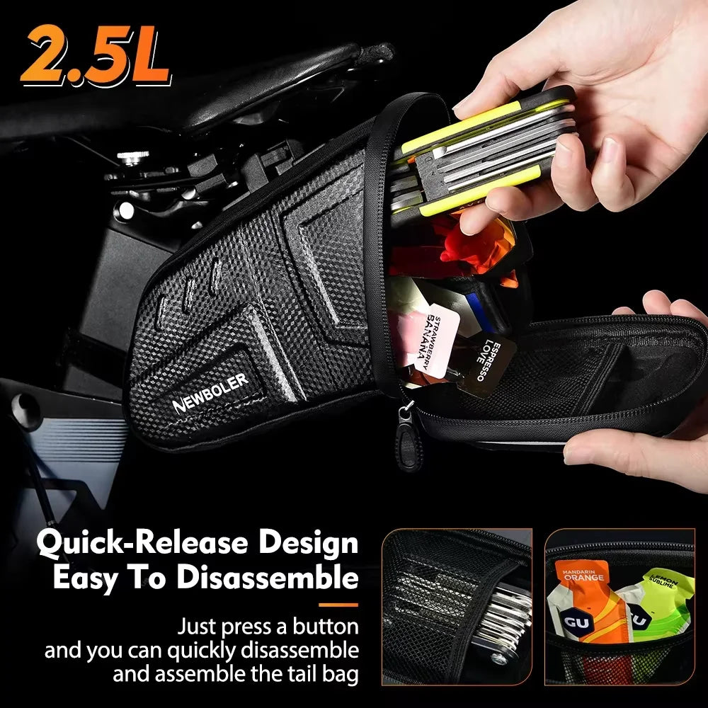 Waterproof bicycle saddle bag with zipper-open tail bag and storage pocket for tools