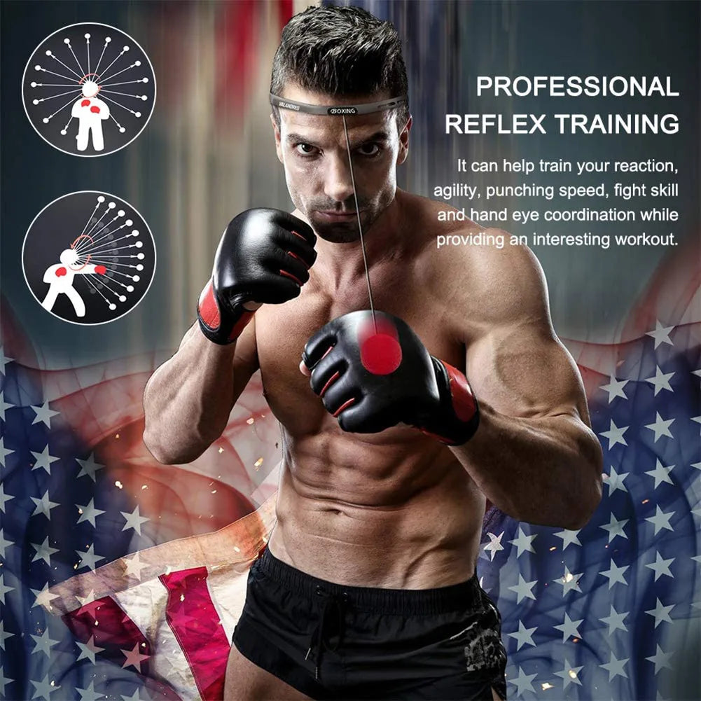 Reflex punch ball training set on boxer with headband, gloves, and red ball on cord