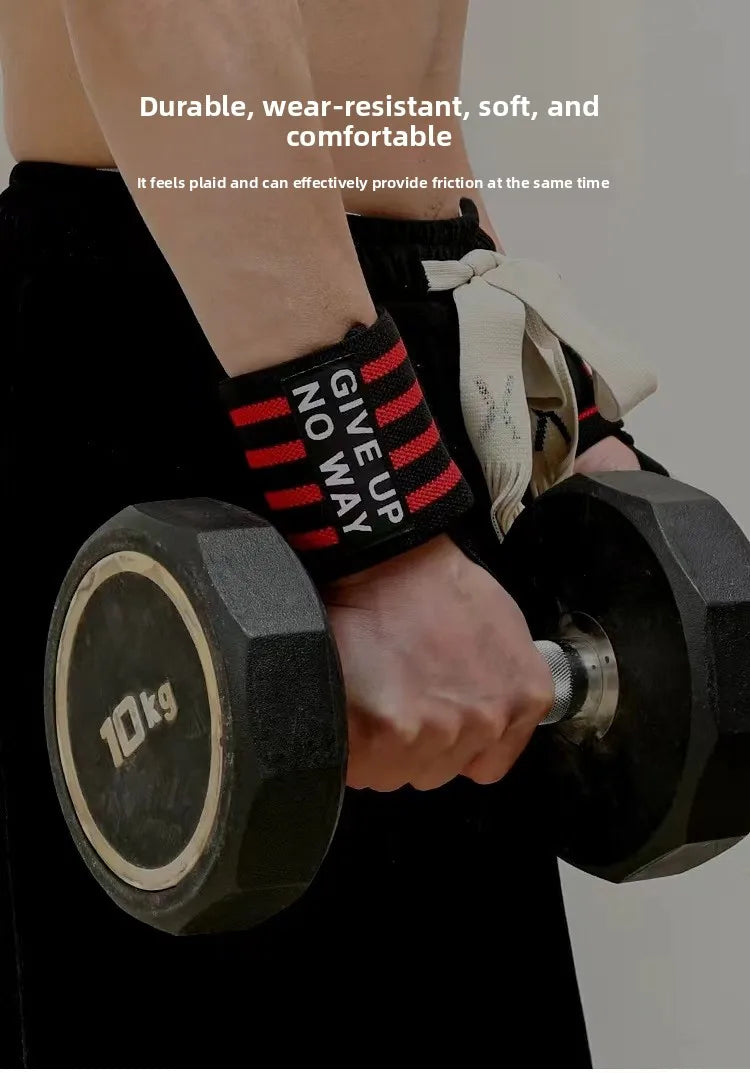Black wrist wraps with red 'GIVE UP NO WAY' lettering for lifting support