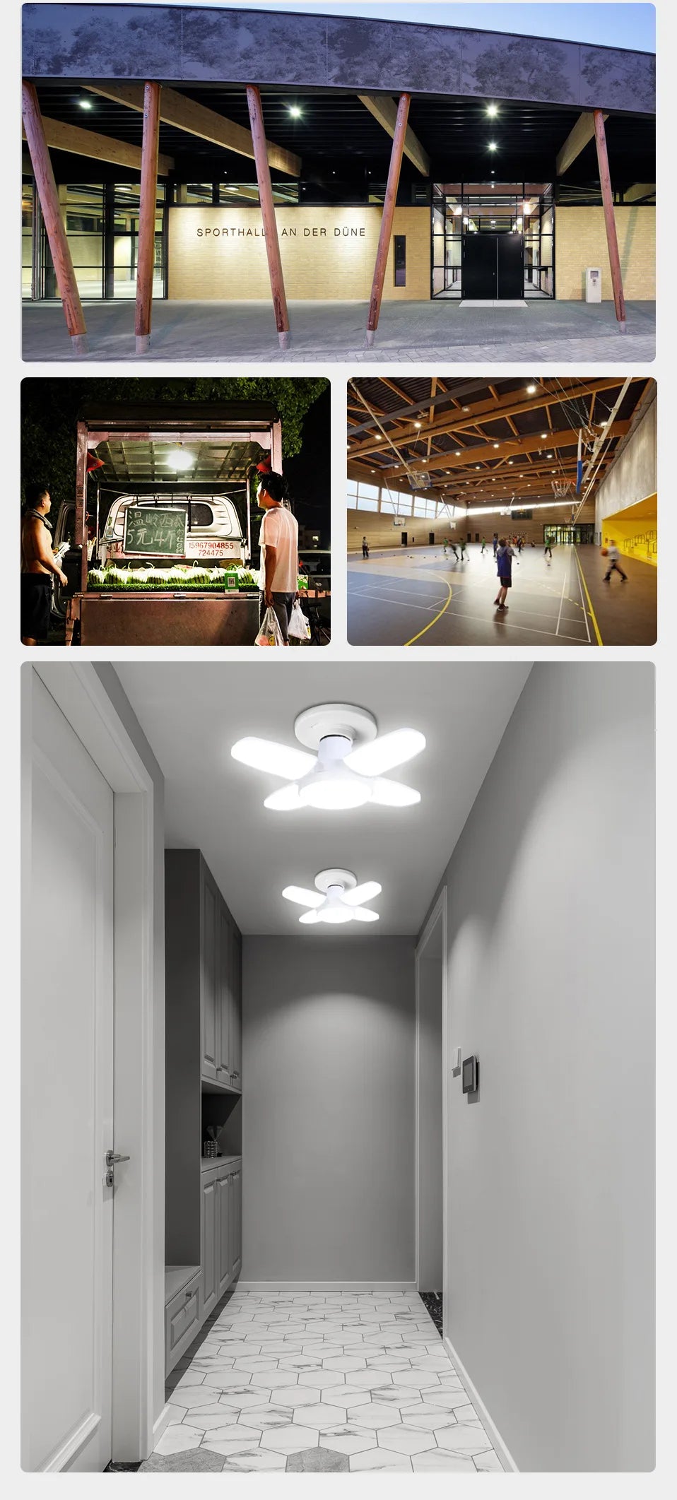 Foldable LED fan light, white four-blade ceiling lamp with E27 sockets