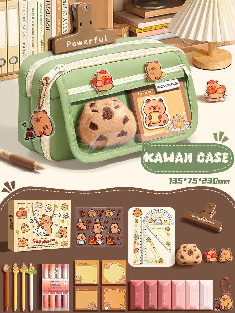 Green fabric pencil case with zipper, animal patches, and panda plush front pocket