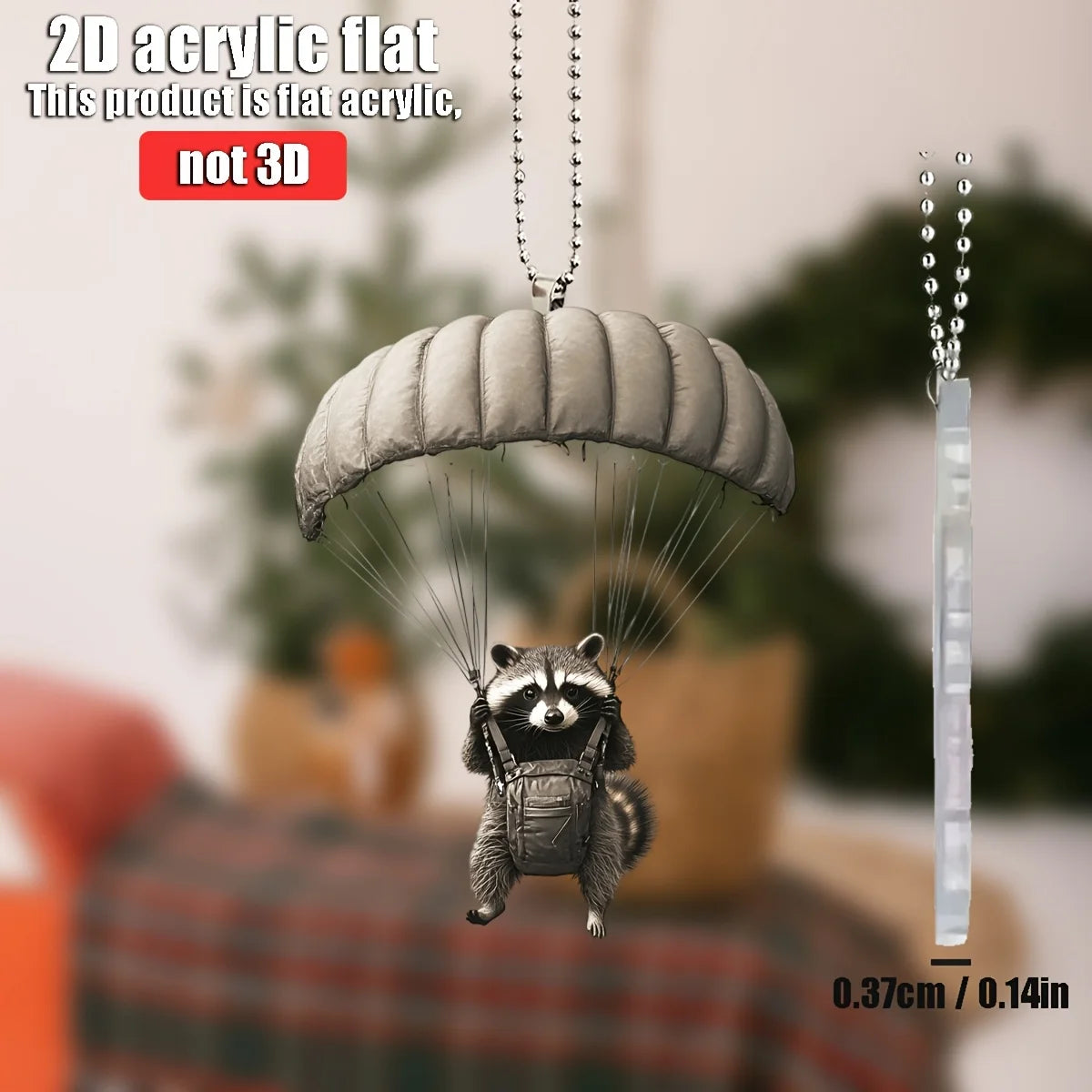 Parachute animal pendant keychain with light beaded chain and small backpack figure