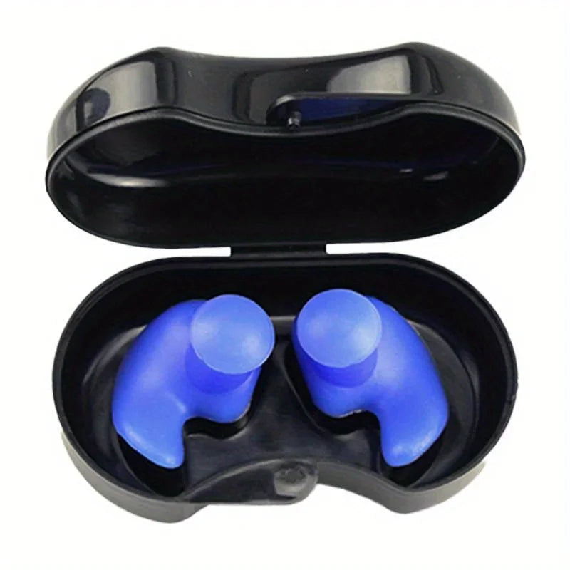 Blue silicone swimming earplugs in open black case, close-up of the pair