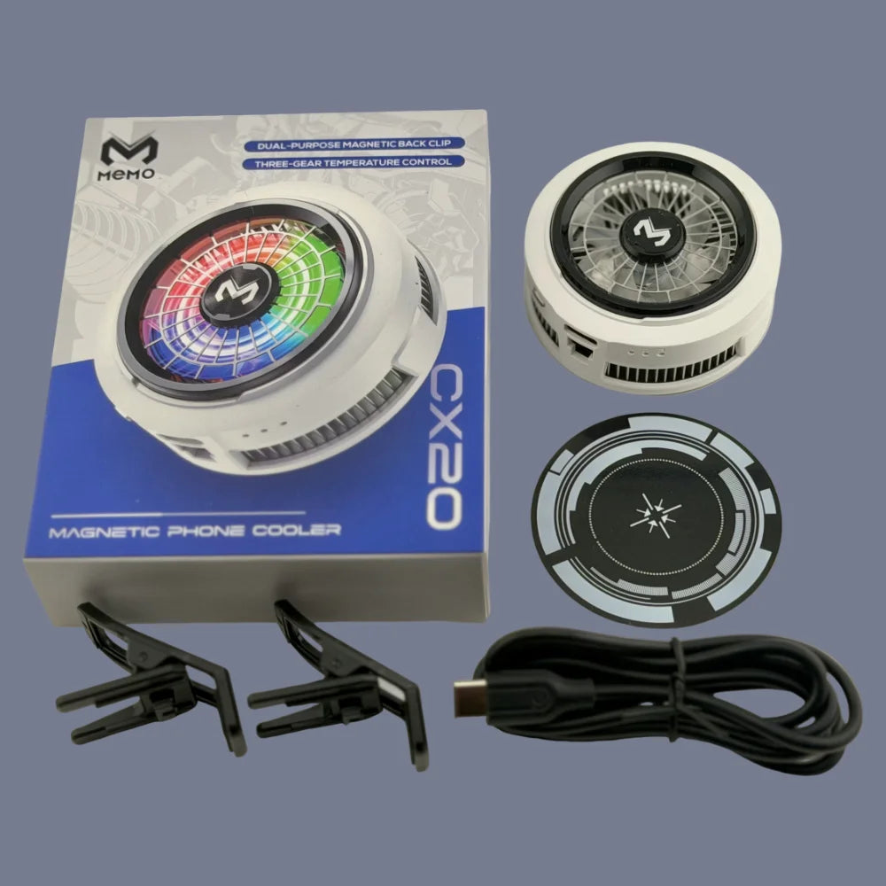 White phone cooler kit with magnetic clips, cable, and RGB fan unit