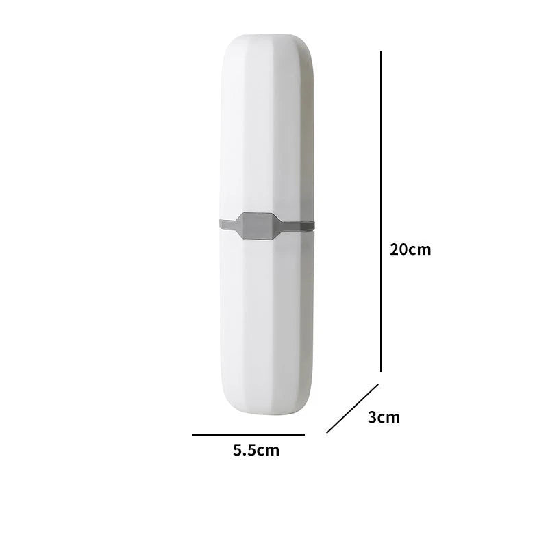 Travel toothbrush holder case, white smooth cylinder with latch and size markings