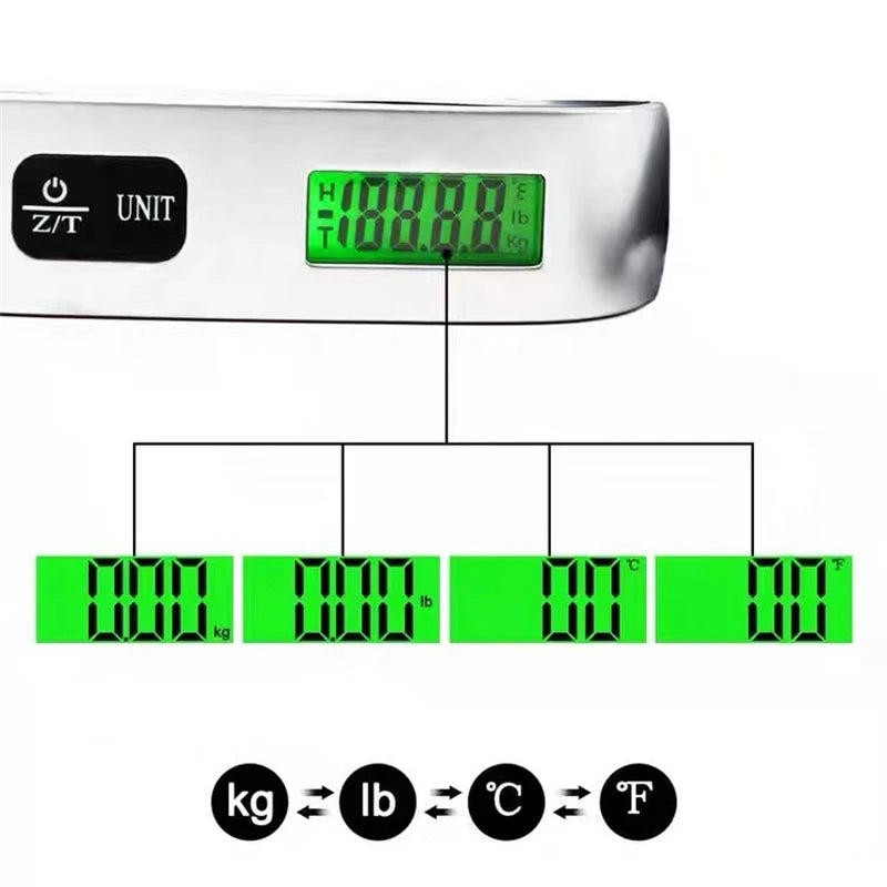 Portable digital luggage scale LCD display with unit and weight readout chart