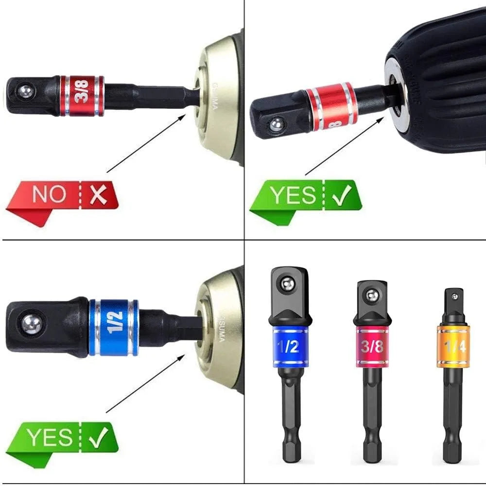 105° angle socket adapter set with drive sizes 1/4, 3/8, and 1/2 quick tips