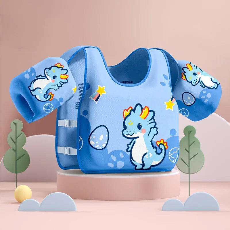 Blue swim buoyancy vest with arm floats, white animal illustrations and star accents