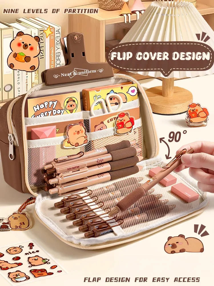 Capybara pencil case with flip cover design, beige and brown zipper, pens inside