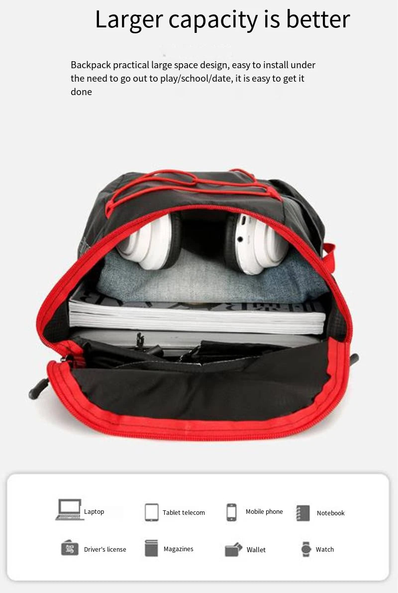 Open black folding backpack showing interior lining and elastic organizer pockets