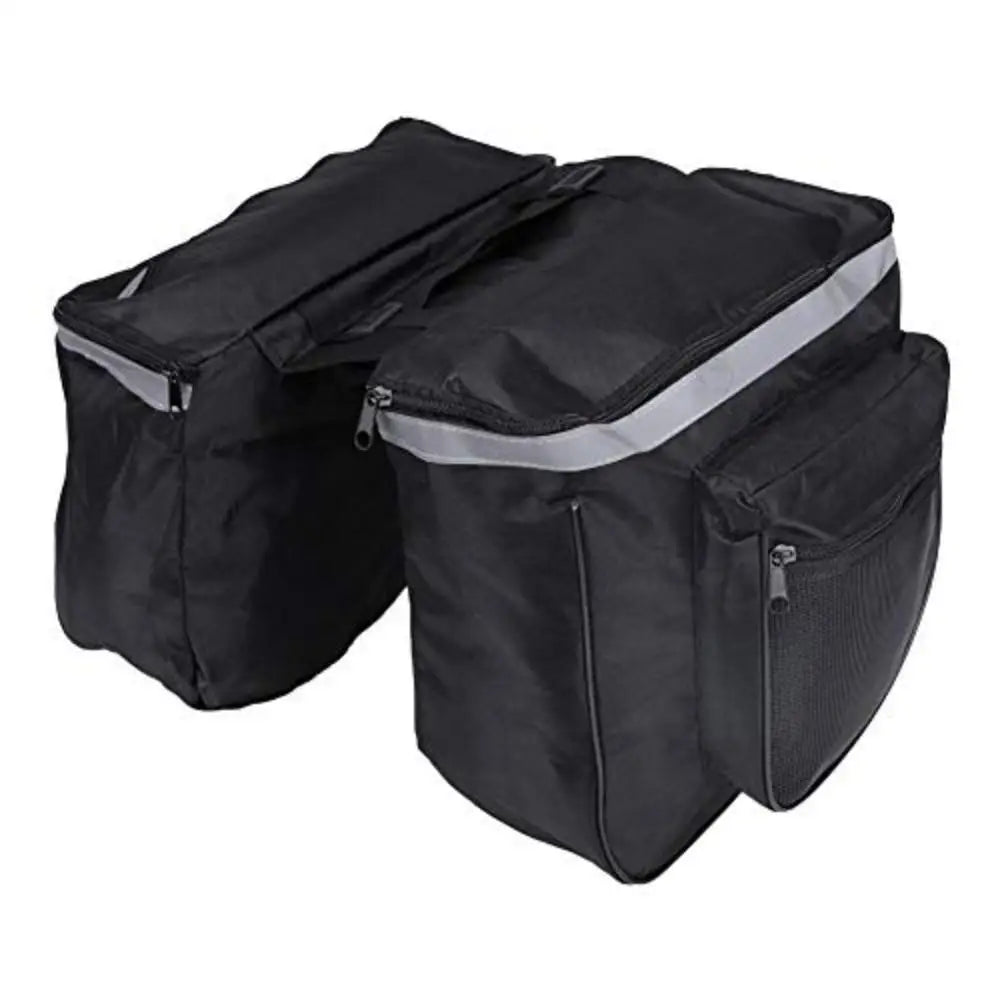 Black bicycle rear seat double pannier bag with silver reflective stripe and top flap