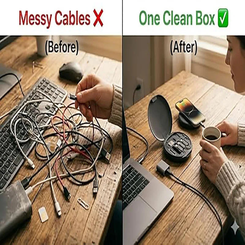 Cable organizer case with compact ports, shown as a neater setup after organizing
