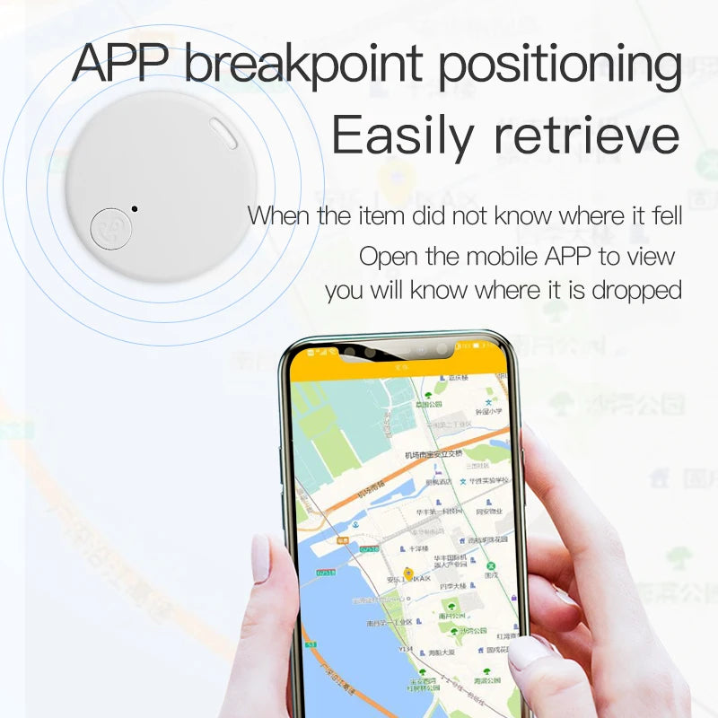 White round Bluetooth tracker tag with button, shown beside a smartphone map