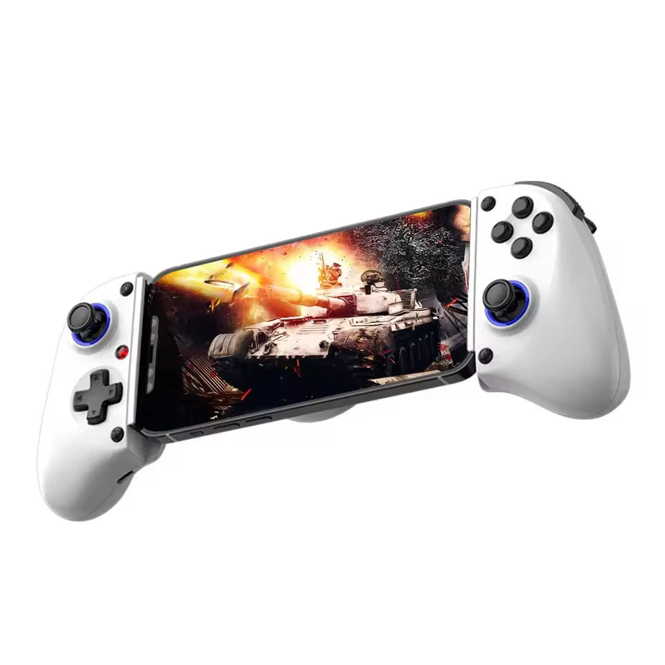 White wireless phone game controller with screen mount and face buttons