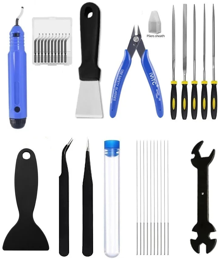 3D printer tool kit with blue handle, deburring blades, and black scrapers