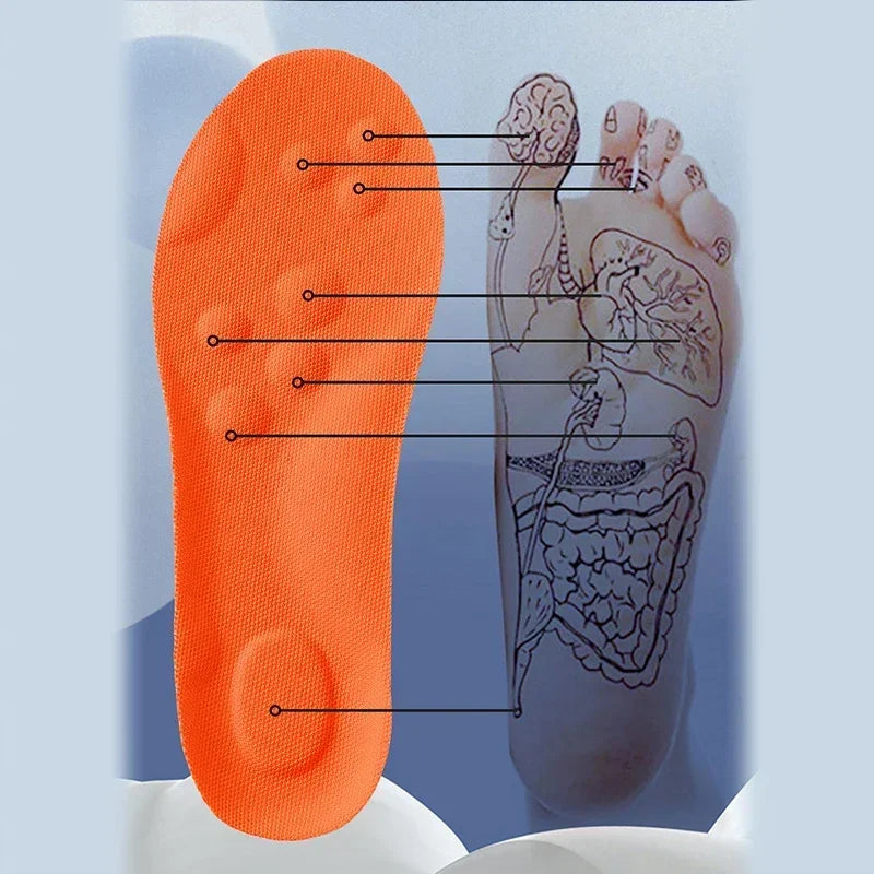 Orange running insole next to foot diagram for support and pressure relief