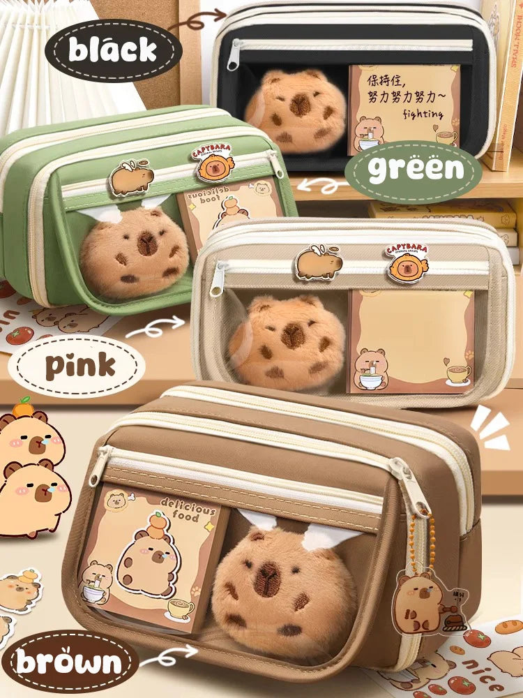Color options pencil pouch set: green, black, pink, and brown capybara zipper cases