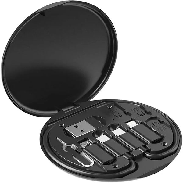 Black multi-USB Type C adapter kit in open travel case with multiple connector ports